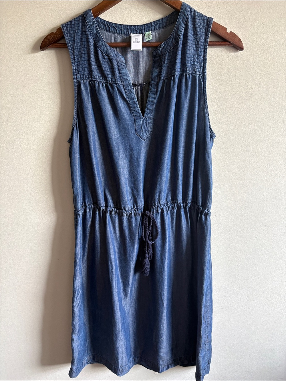 Susina Chambray Sleeveless Drawstring Dress XS Blue Tencel Lyocell Boho Casual